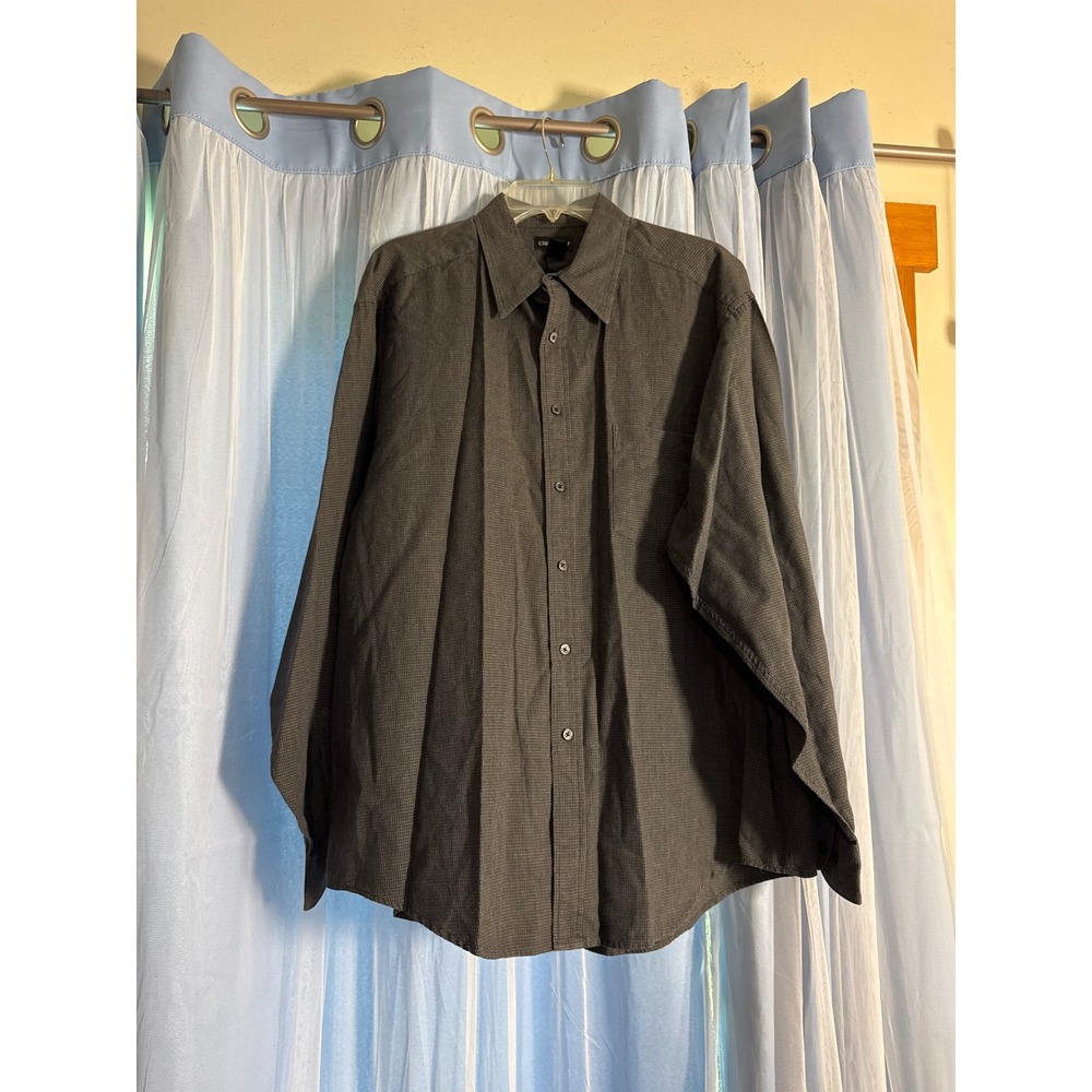 Claiborne Button-Front Mens XL Long Sleeve Charcoal Micro-check EUC